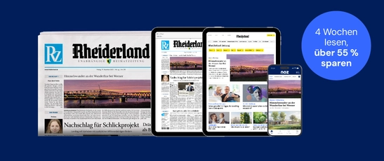 dunkelblauer Hintergrund mit Abbildung der digitalen Produkte der Rheiderland Zeitung mit einem Störer, in dem steht "4 Wochen für effektiv 0 €"