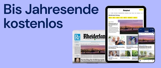 Abbildung der gedruckten Zeitung und der digitalen Produkte der Rheiderland Zeitung mit der Überschrift "Bis Jahresende kostenlos"