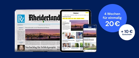 Abbildung der gedruckten Zeitung und der digitalen Produkte der Rheiderland Zeitung mit dem Text "4 Wochen für einmalig 20 € + 10 € Gutschein"