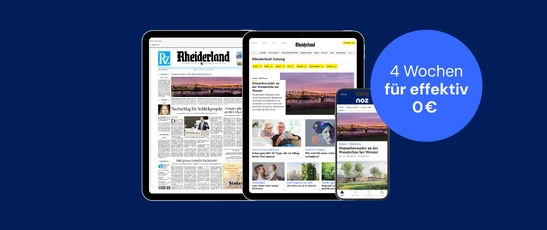 Abbildung der digitalen Produkte der Rheiderland Zeitung mit einem Störer, in dem steht "4 Wochen für effektiv 0 €"