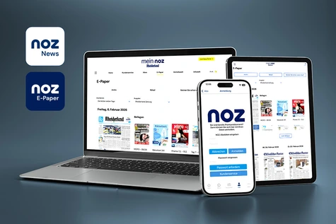 Ein Smartphone, ein Tablet und ein Laptop, auf denen jeweils das E-Paper abgebildet ist